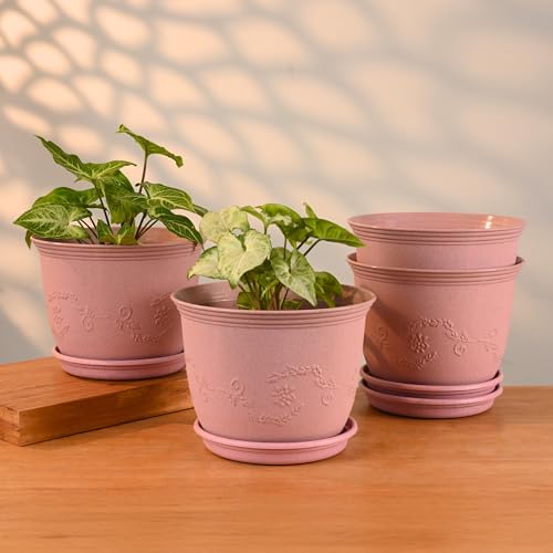 Eha Earth-Friendly 8" Leafy Planters with Tray | Set of 4 | Bamboo Fiber | UV Protected | Drainage Hole | Pots for Indoor, Outdoor, Balcony & Garden | Innocent - Image 1