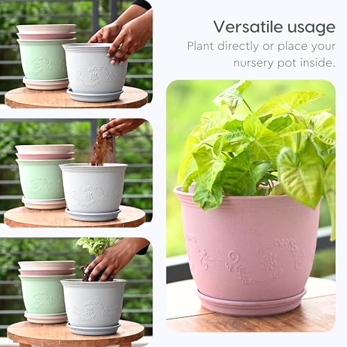 Eha Earth-Friendly 8" Leafy Planters with Tray | Set of 4 | Bamboo Fiber | UV Protected | Drainage Hole | Pots for Indoor, Outdoor, Balcony & Garden | Innocent - Image 5