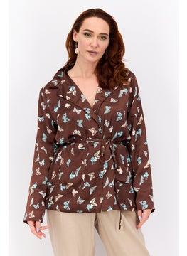 Women Regular Fit  Allover Printed Belted Casual Blazer, Chocolate Brown Combo