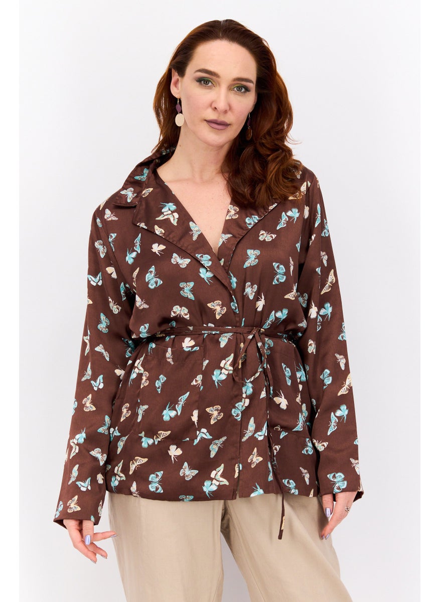 Heartbreak - Women Regular Fit  Allover Printed Belted Casual Blazer, Chocolate Brown Combo - Image 1