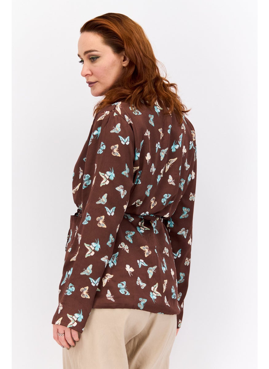 Heartbreak - Women Regular Fit  Allover Printed Belted Casual Blazer, Chocolate Brown Combo - Image 1
