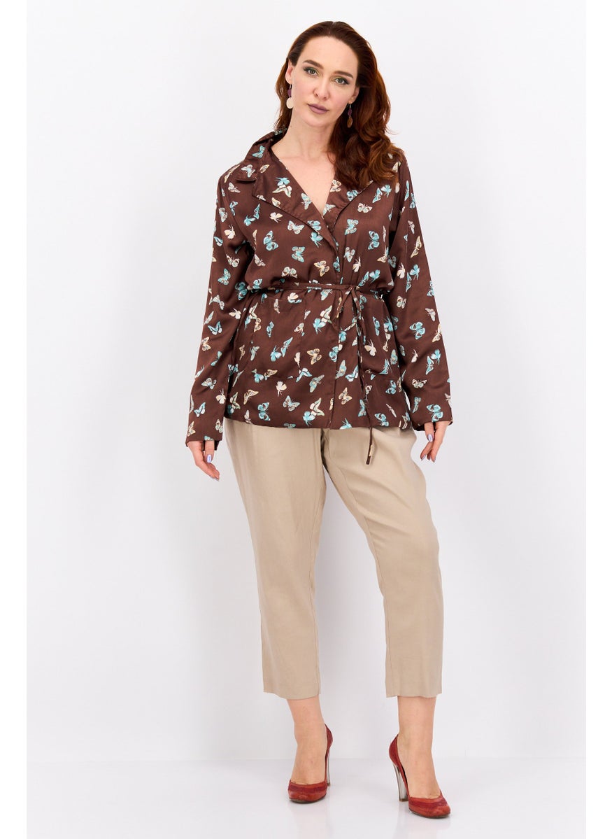Heartbreak - Women Regular Fit  Allover Printed Belted Casual Blazer, Chocolate Brown Combo - Image 1