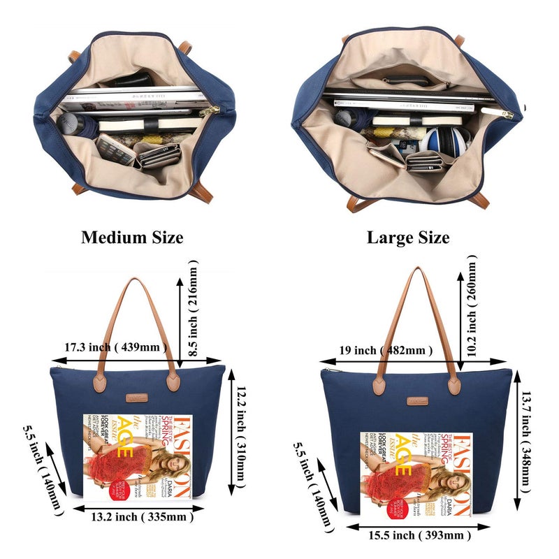 NNEE Water Resistant Light Weight Nylon Tote Bag Handbag - Medium Size, Navy - Image 5