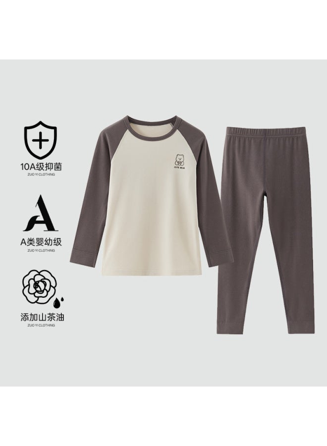 Autumn And Winter Children's New Thermal Underwear Set For Girls, Round Neck, Antibacterial, Fleece-lined, Heat-generating, Cartoon Design, Tops And Bottoms For Boys