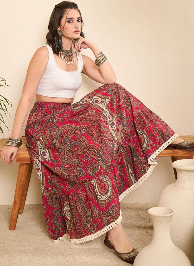 WineRed Wine Red Tiered Maxi Skirt for Women - Image 4