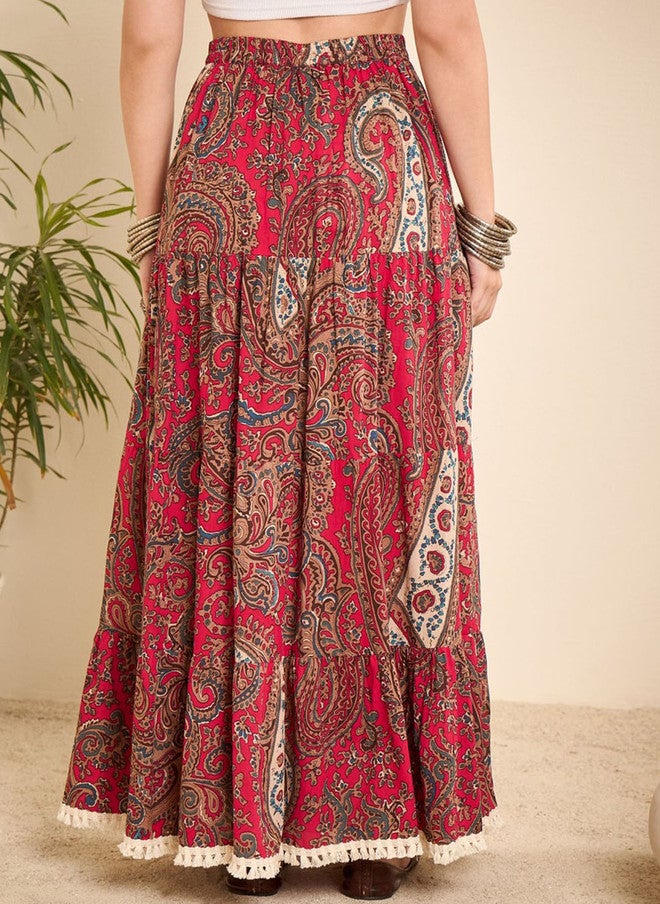 WineRed Wine Red Tiered Maxi Skirt for Women - Image 3