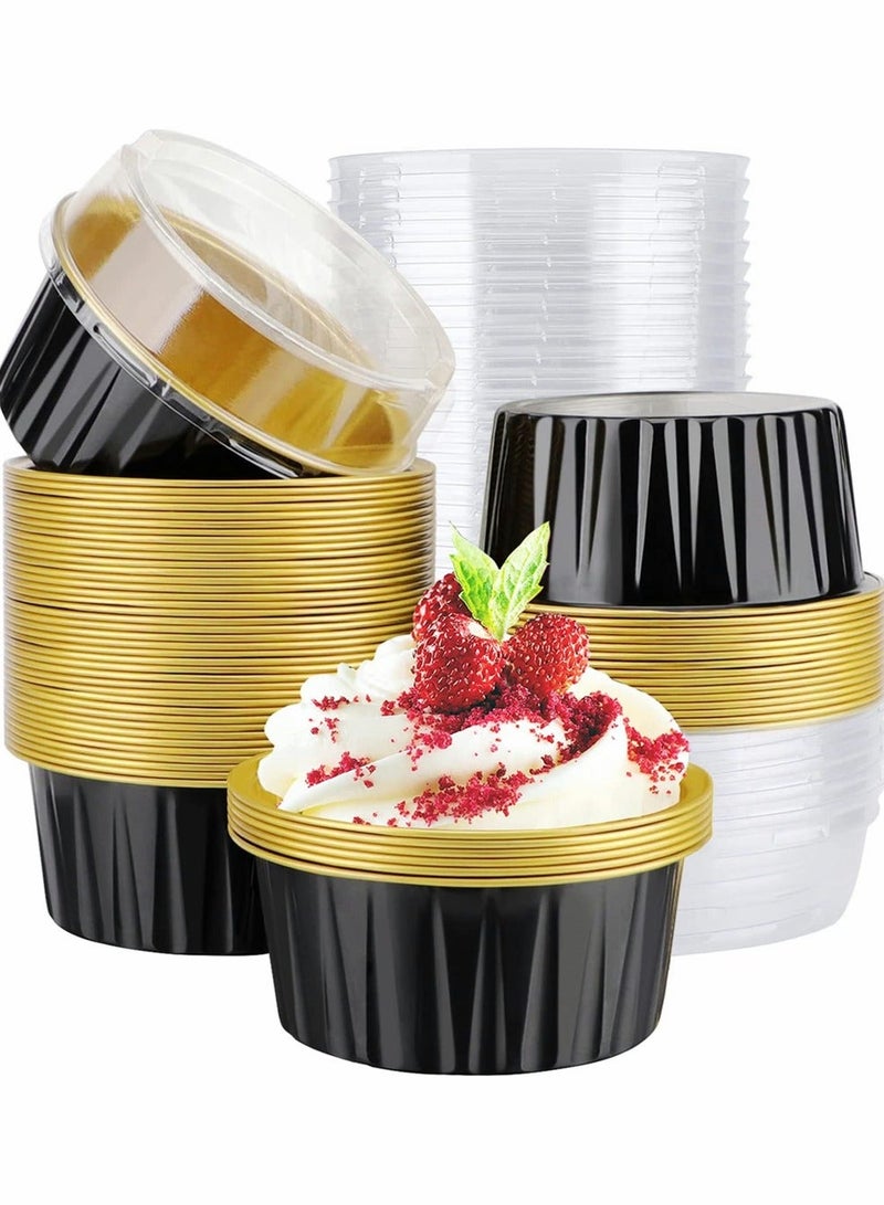 Mini Aluminum Pans with Lids, 60pcs 5oz Disposable Foil Cupcake Liners Ramekins Baking Cups, Dessert Cups Lids Holders Cheesecake Pan ContainersBlack Gold - Image 1