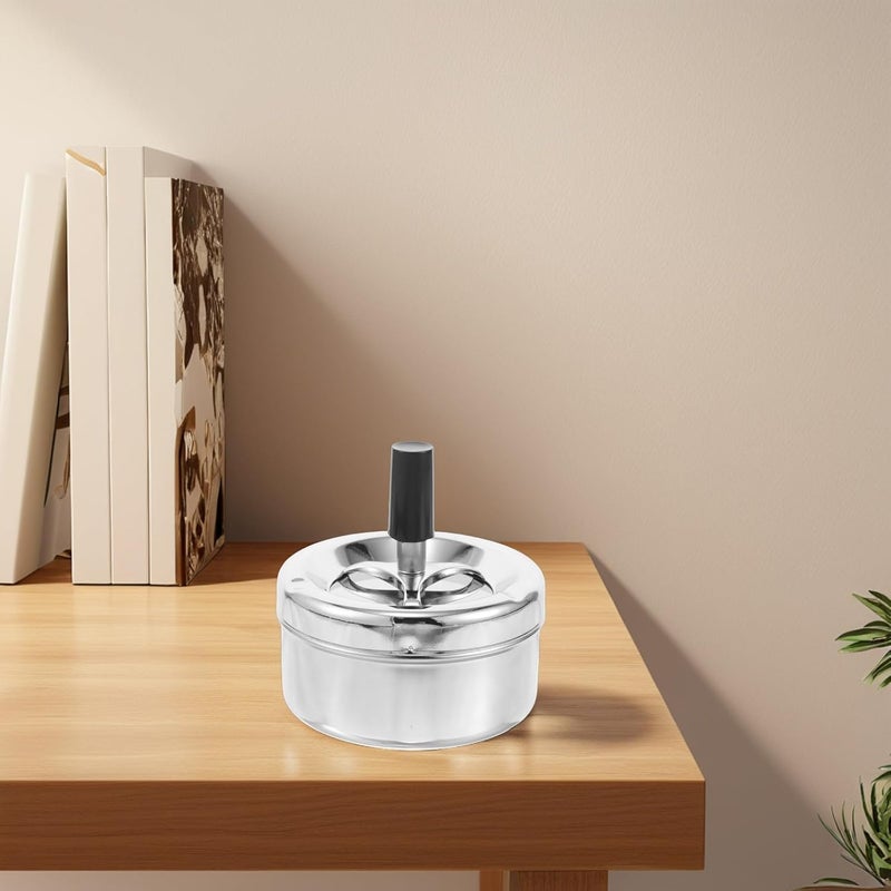 TIDTALEO Metal Push down Covered Ashtray with Spinning Tray Smokeless Indoor and Outdoor Cigarette Butt Holder Silver Desktop Ashtray for Home and Office Use - Image 4