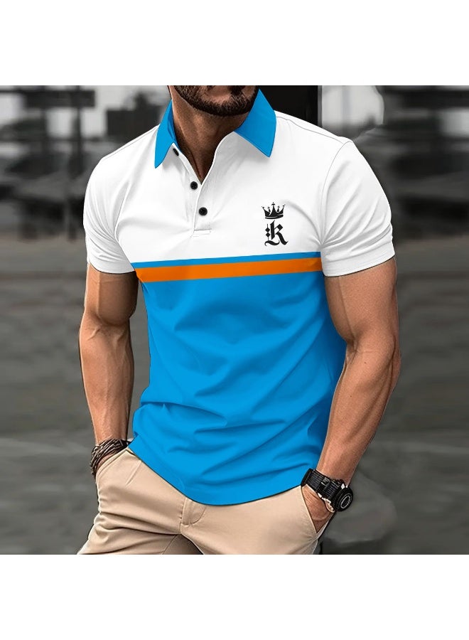 Classic Men's Polo Shirt With Striped Graphic Print Outdoor Casual Short Sleeve Button Top - Image 1