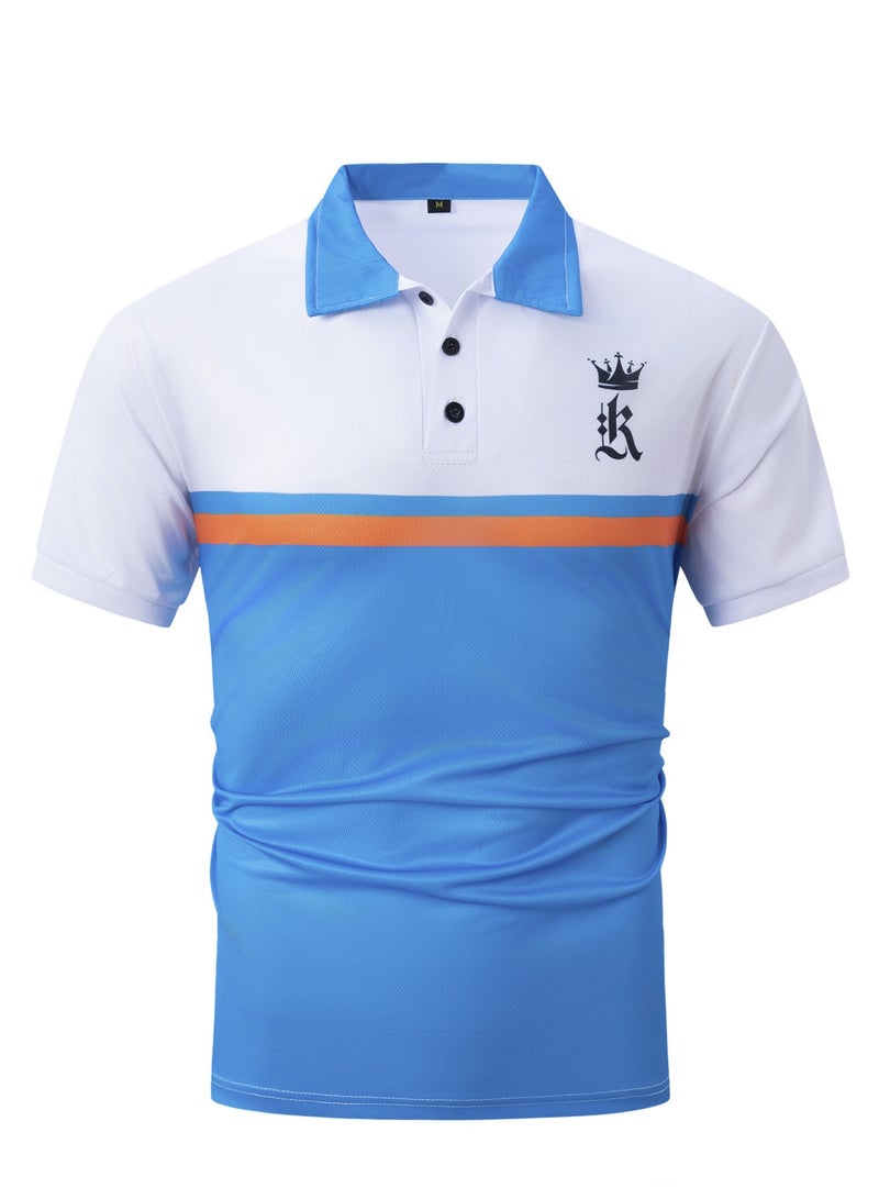 Classic Men's Polo Shirt With Striped Graphic Print Outdoor Casual Short Sleeve Button Top - Image 2