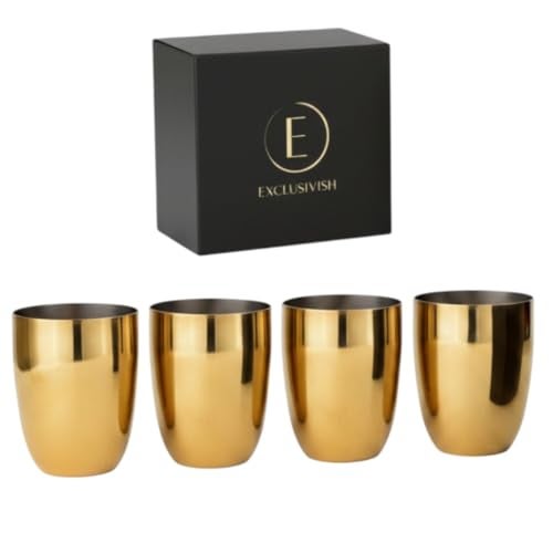 Exclusivish Shiny PVD Gold Stainless Steel Glass Set of 4 | Food Grade Drinking Glass Tumblers | Wedding & Anniversary Gift Set for Couples | Dishwasher Safe, Non-Toxic, Anti-Tarnish Drinkware - Image 1