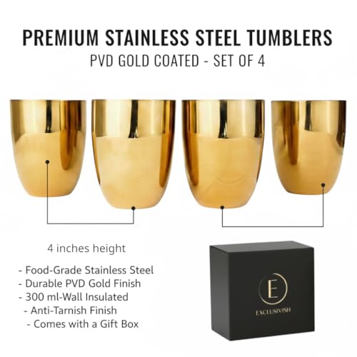 Exclusivish Shiny PVD Gold Stainless Steel Glass Set of 4 | Food Grade Drinking Glass Tumblers | Wedding & Anniversary Gift Set for Couples | Dishwasher Safe, Non-Toxic, Anti-Tarnish Drinkware - Image 2