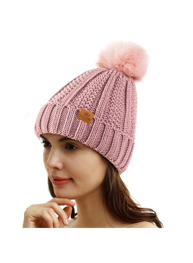 PAGE ONE Womens Winter Thick Cable Knit Beanie Faux Fur Pom Hat Fleece Lined Skull Cap, Dark Pink, One size - Image 2