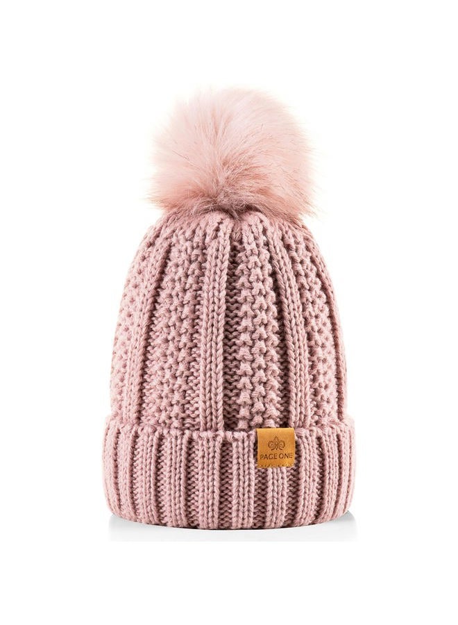 PAGE ONE Womens Winter Thick Cable Knit Beanie Faux Fur Pom Hat Fleece Lined Skull Cap, Dark Pink, One size - Image 1
