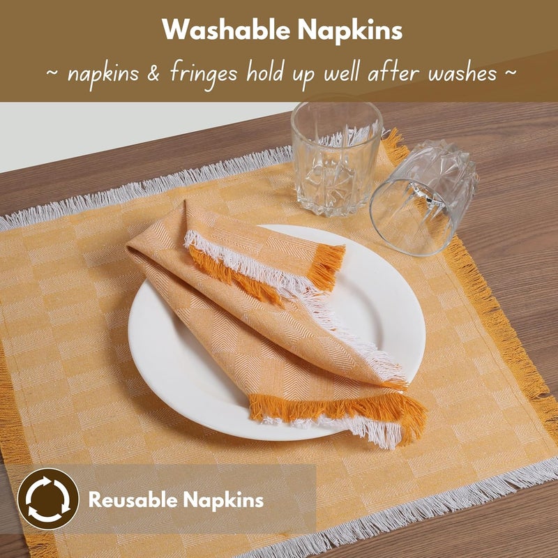 Native Fab Cloth Napkins Set of 4 16x16 Herringbone Weave 100 Cotton Napkins with Handmade Fringes Resuable Table Napkins for Dinner Cocktail Holiday Wedding  Mustard Yellow - Image 4