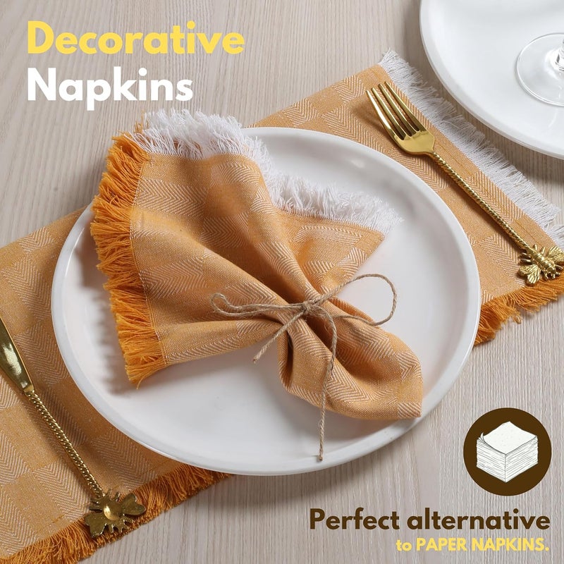 Native Fab Cloth Napkins Set of 4 16x16 Herringbone Weave 100 Cotton Napkins with Handmade Fringes Resuable Table Napkins for Dinner Cocktail Holiday Wedding  Mustard Yellow - Image 3