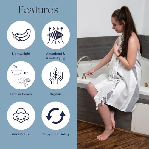 InfuseZen Terry Cloth Lined Turkish Bath & Beach Towel – Striped Design - 100% Organic Turkish Cotton - Soft, Lightweight, Absorbent Peshtemal - Quick Dry for Beach, Bath, Throw, Travel - Gray - Image 5