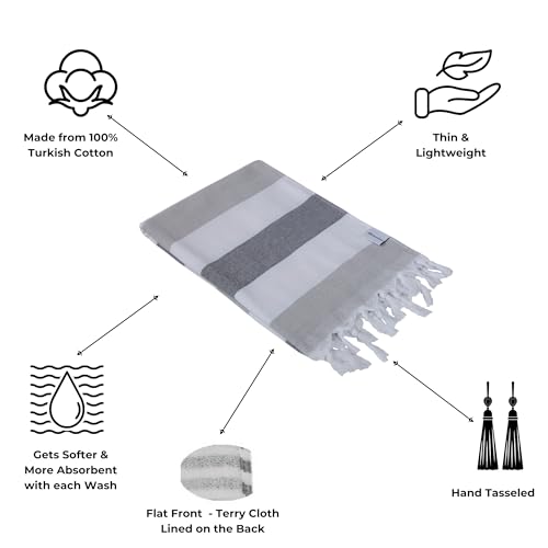 InfuseZen Terry Cloth Lined Turkish Bath & Beach Towel – Striped Design - 100% Organic Turkish Cotton - Soft, Lightweight, Absorbent Peshtemal - Quick Dry for Beach, Bath, Throw, Travel - Gray - Image 2