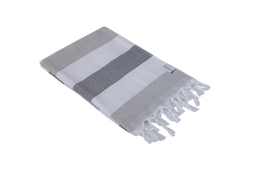 InfuseZen Terry Cloth Lined Turkish Bath & Beach Towel – Striped Design - 100% Organic Turkish Cotton - Soft, Lightweight, Absorbent Peshtemal - Quick Dry for Beach, Bath, Throw, Travel - Gray - Image 1