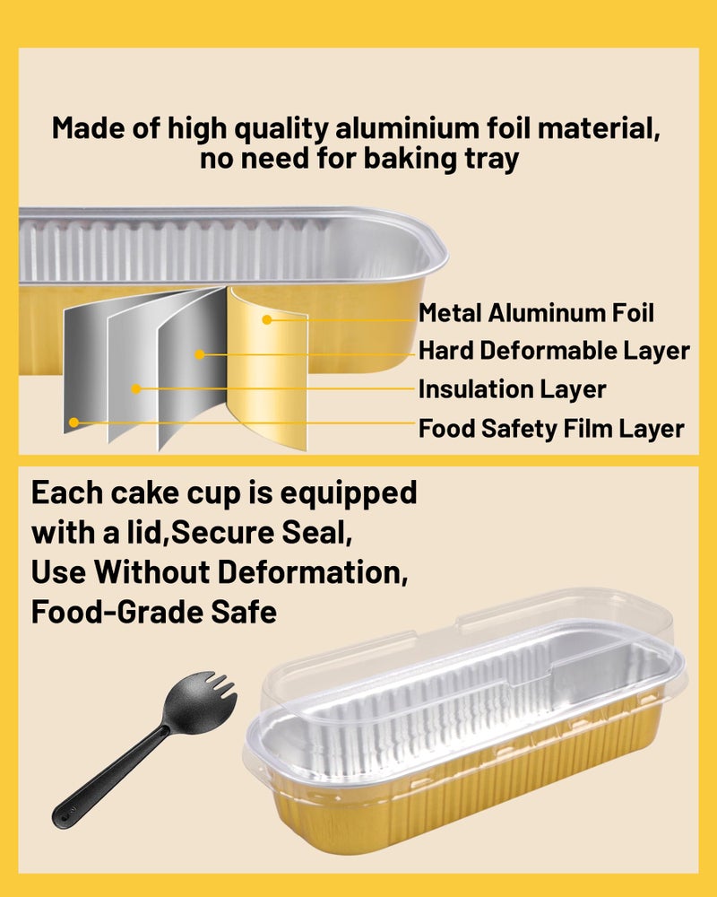 Tikxlafe 50 Pack Mini Loaf Pans with Lids & Spoons, 6.8oz Rectangle Aluminum Foil Baking Pans, Oven Safe Bread Tins for Brownie, Cheesecake, Lasagna - Disposable Food Containers-Gold - Image 2