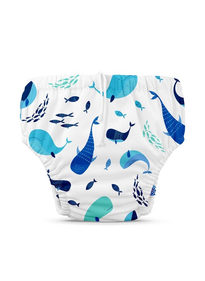 Charlie Banana Charlie Banana Reusable Swim Diaper, Washable, Adjustable Drawstring for Baby Girls Boys, Soft and Snug Waterproof Fit to Prevent Leaks - The Whale on White, Size L (22-34 lbs)  - Image 1