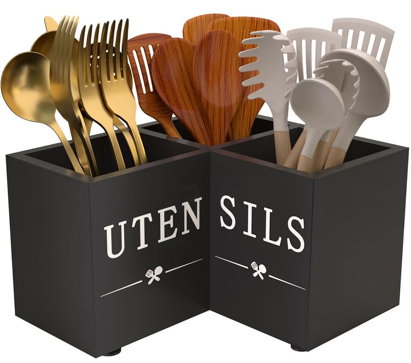 Natheeph Utensil Holder, Kitchen Utensil Holder for Counter, Extra Large Utensil Holder w/ 3-Compartment, Farmhouse Black Utensil Holder with Well-made Wood for Corner Organizer, Housewarming Gift - Image 1