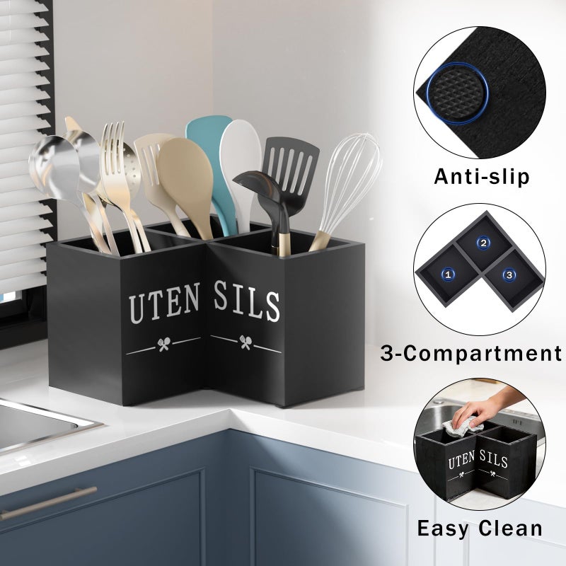 Natheeph Utensil Holder, Kitchen Utensil Holder for Counter, Extra Large Utensil Holder w/ 3-Compartment, Farmhouse Black Utensil Holder with Well-made Wood for Corner Organizer, Housewarming Gift - Image 3