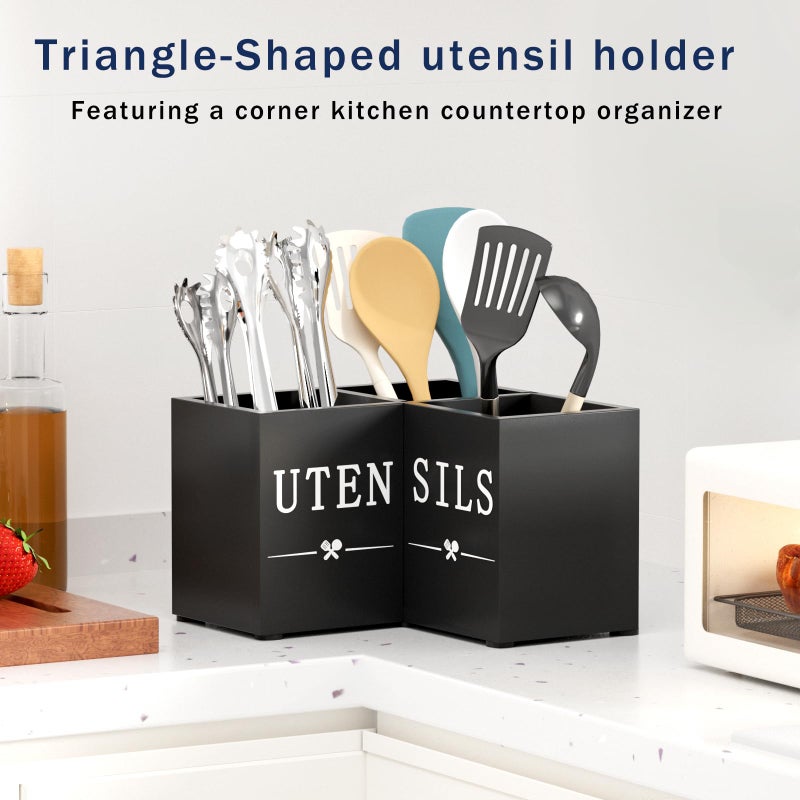 Natheeph Utensil Holder, Kitchen Utensil Holder for Counter, Extra Large Utensil Holder w/ 3-Compartment, Farmhouse Black Utensil Holder with Well-made Wood for Corner Organizer, Housewarming Gift - Image 5