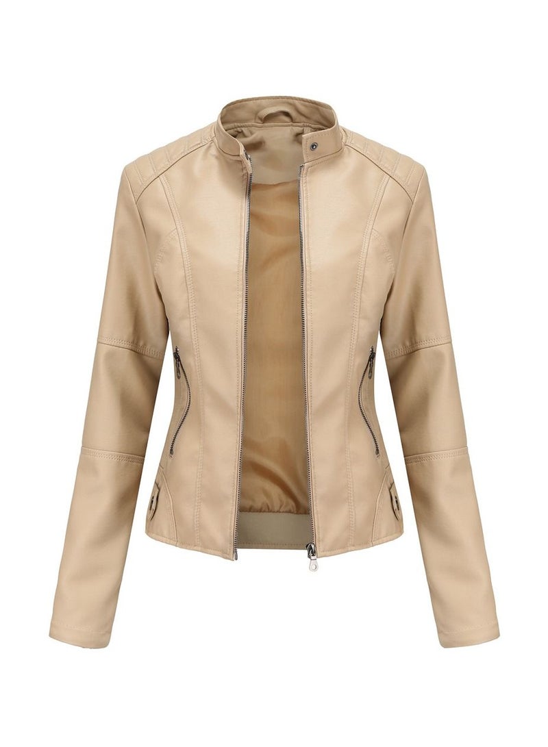 Loquat Women's Leather Suit Slim Fitting Jacket Thin Motorcycle Suit Stand Collar Leather Jacket Apricot  - Image 1