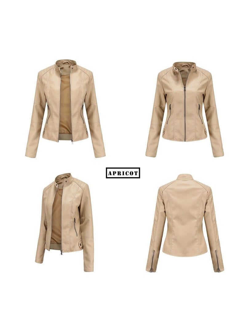 Loquat Women's Leather Suit Slim Fitting Jacket Thin Motorcycle Suit Stand Collar Leather Jacket Apricot  - Image 2