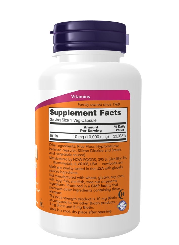 Now Foods Extra Strenght Biotin Dietary Supplement 10 mg (10,000 mcg), 120 Veg Capsules - Image 2