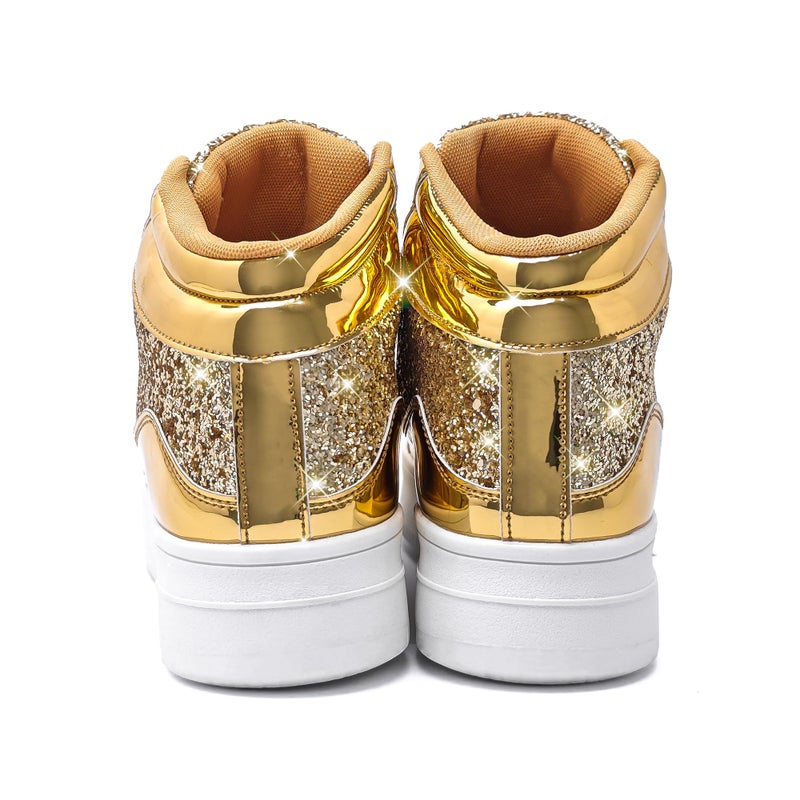IGxx Womens Platform Glitter Shoes Black High Top Sparkly Sneakers Shiny Fashion Bling Dressy Sequin Metallic Sneakers Disco Wedding Shoes Gold Women Size 8.5 - Image 2