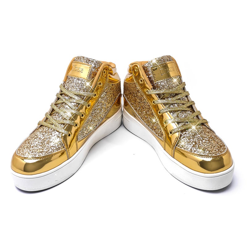 IGxx Womens Platform Glitter Shoes Black High Top Sparkly Sneakers Shiny Fashion Bling Dressy Sequin Metallic Sneakers Disco Wedding Shoes Gold Women Size 8.5 - Image 3