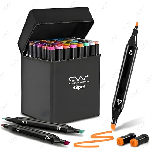 Cable World Dual Tips 48 Colors Markers Set, Art Markers for Adult Coloring Books, Artist Drawing Sketch Markers Set with Fine & Brush Tip (48 Pcs) - Image 1