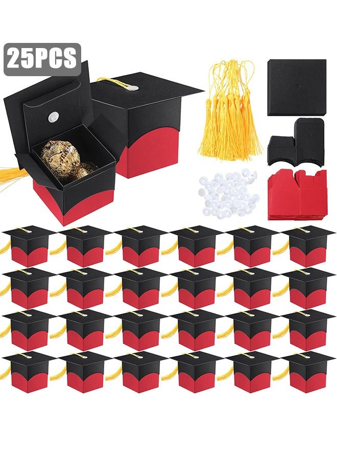 25Pcs Graduation Party Favors Candy Boxes, Graduation Decorations Cap Present Box with Tassels, DIY Sugar Chocolate Souvenir Candy Box, Favor Box for Graduation Ceremony Supplies (Red) - Image 1