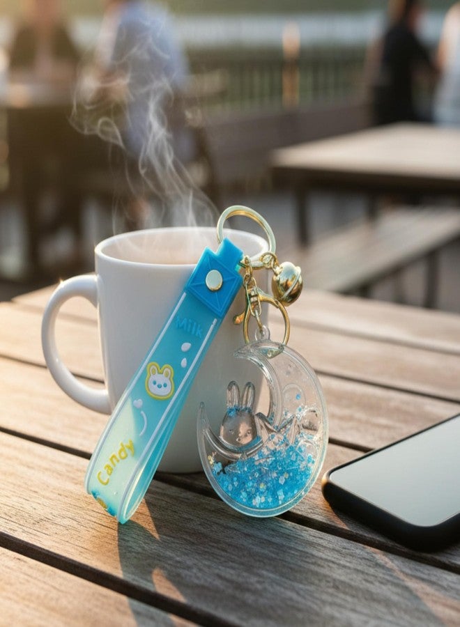 NIVRITI TRADING Cute Water Glitter Keychain for Girls, Women with Bunny, Moon, Decorative Strap and Bell, (Blue) - Image 5