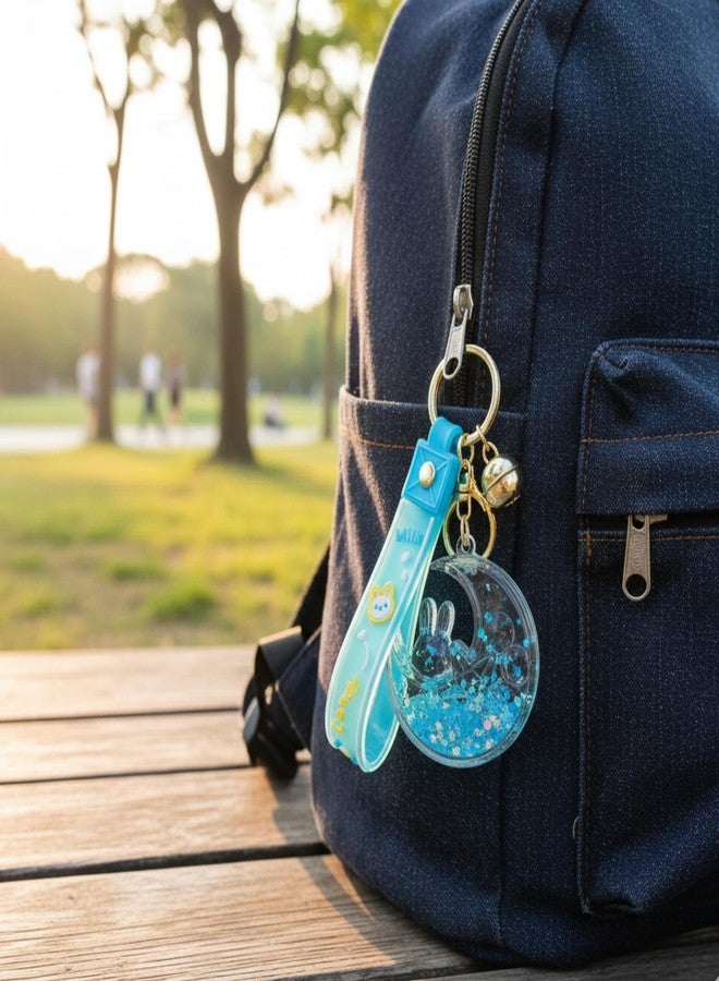 NIVRITI TRADING Cute Water Glitter Keychain for Girls, Women with Bunny, Moon, Decorative Strap and Bell, (Blue) - Image 3