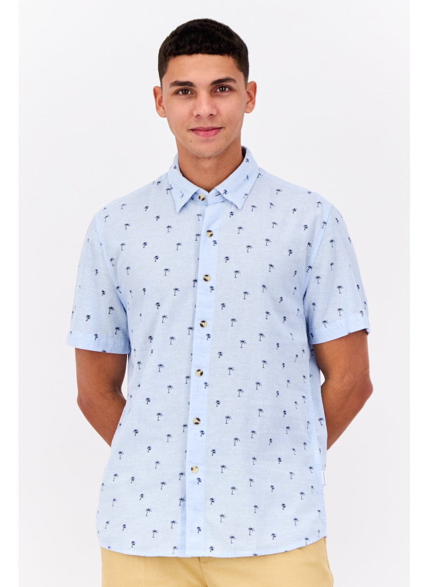 Peter Werth - Men Regular Fit All-over Print Short Sleeves Casual Shirt, Sky Blue - Image 1