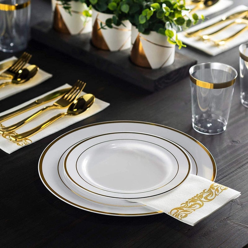 Munfix 100 Gold Plastic Plates Set  10 Inch Fancy Heavy Duty Elegant Disposable Dinner Plates  For Party  Wedding  White with Gold Rim - Image 3
