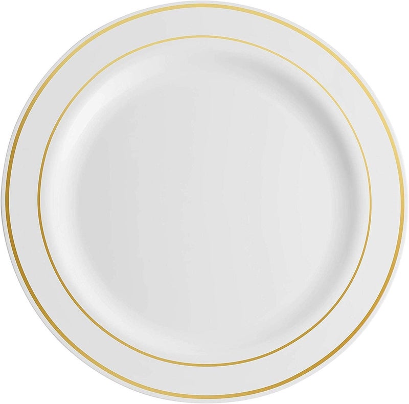 Munfix 100 Gold Plastic Plates Set  10 Inch Fancy Heavy Duty Elegant Disposable Dinner Plates  For Party  Wedding  White with Gold Rim - Image 2