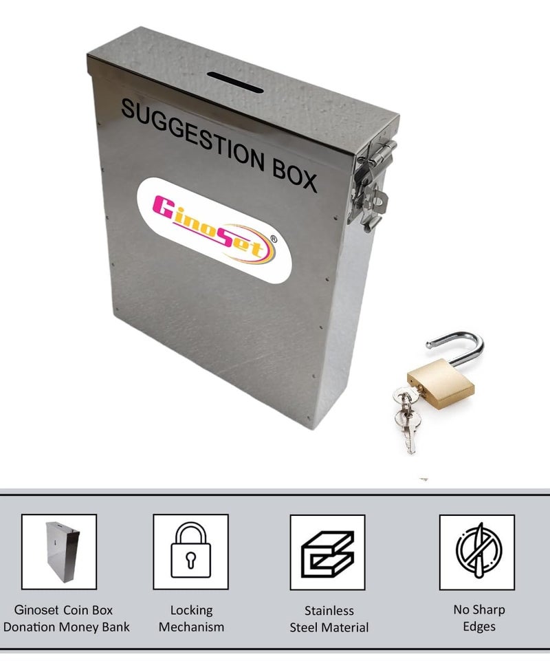 GinoSet® Stainless Steel Slim All in 1 Multipurpose Letter/Suggestion Box/Complaint/Donation Box Use Table Top or Wall Mount with Manual Key Lock - Image 2