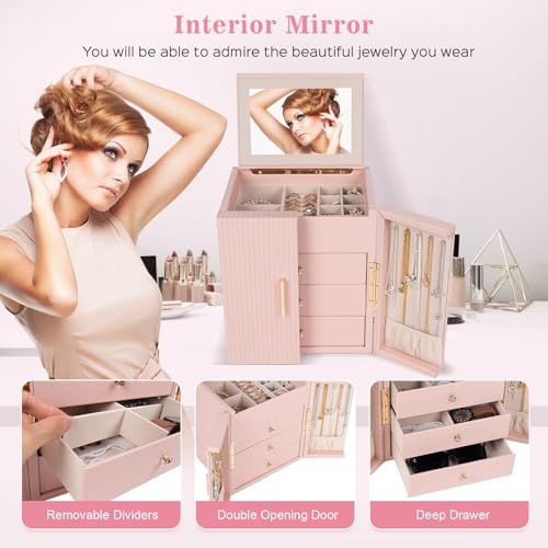 Dajasan Large Jewelry Box Organizer, Jewelry Storage with 3 Drawers, Huge Jewelry Box with Mirror, Gift Idea for Women, Girls, Double Door, Textured PU Leather Surface, Stylish (Pink + Gold) - Image 5