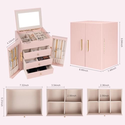 Dajasan Large Jewelry Box Organizer, Jewelry Storage with 3 Drawers, Huge Jewelry Box with Mirror, Gift Idea for Women, Girls, Double Door, Textured PU Leather Surface, Stylish (Pink + Gold) - Image 2