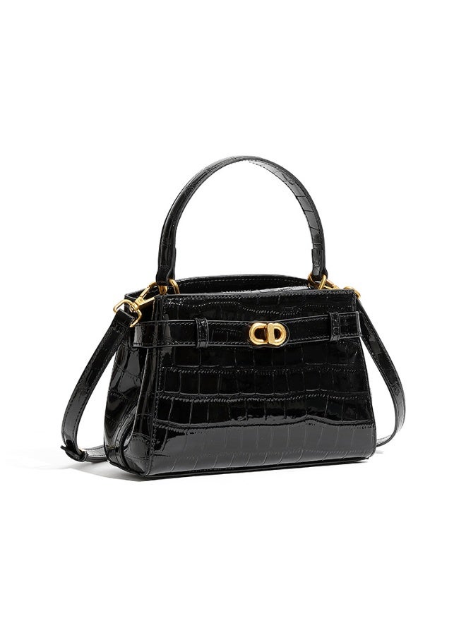 Women's Black Crocodile-Print Cowhide Kelly Shoulder Bag with Rotating Lock - Image 1