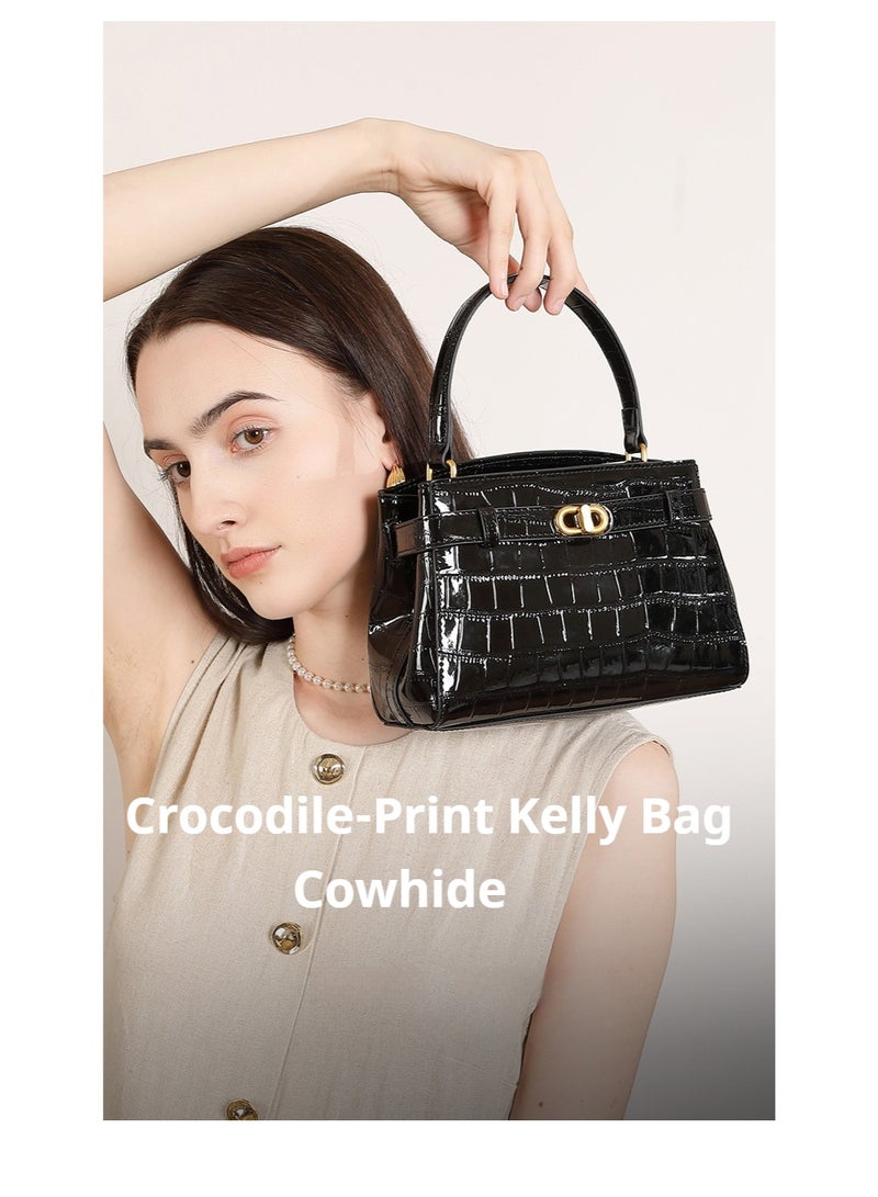 Women's Black Crocodile-Print Cowhide Kelly Shoulder Bag with Rotating Lock - Image 2