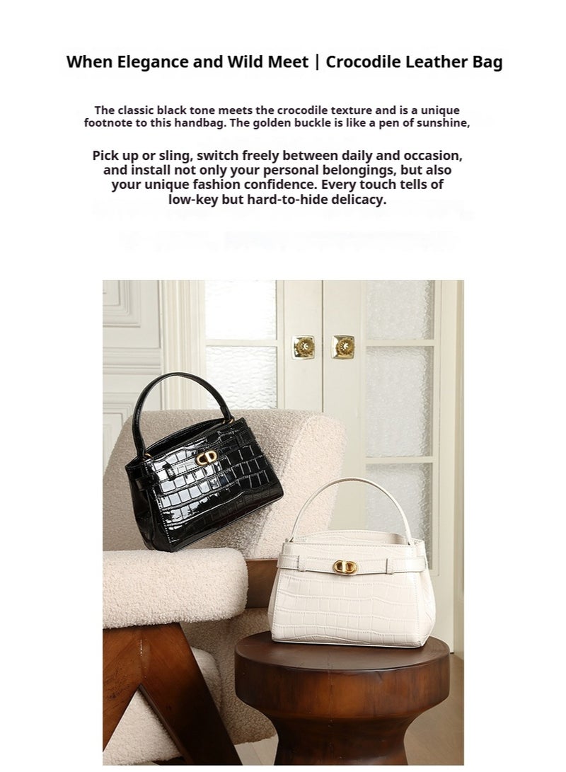 Women's Black Crocodile-Print Cowhide Kelly Shoulder Bag with Rotating Lock - Image 3