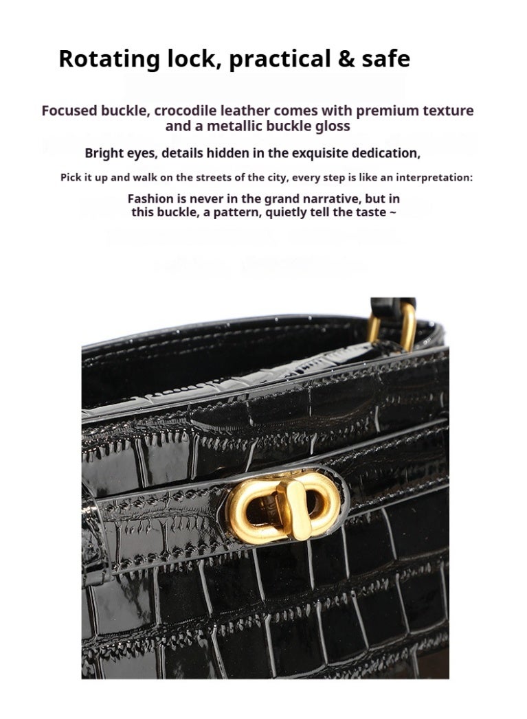 Women's Black Crocodile-Print Cowhide Kelly Shoulder Bag with Rotating Lock - Image 4