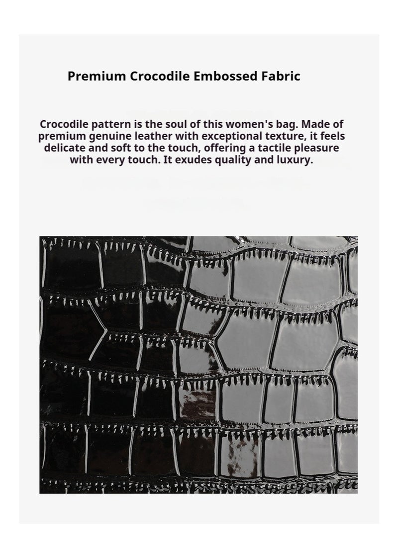 Women's Black Crocodile-Print Cowhide Kelly Shoulder Bag with Rotating Lock - Image 5