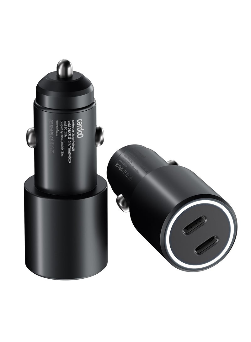 cardoo شاحن سيارة كاردو توين 60 واط مزدوج USB-C للشحن السريع عالي الطاقة لمحمول، هواتف وأجهزة لوحية - أسود - Image 1