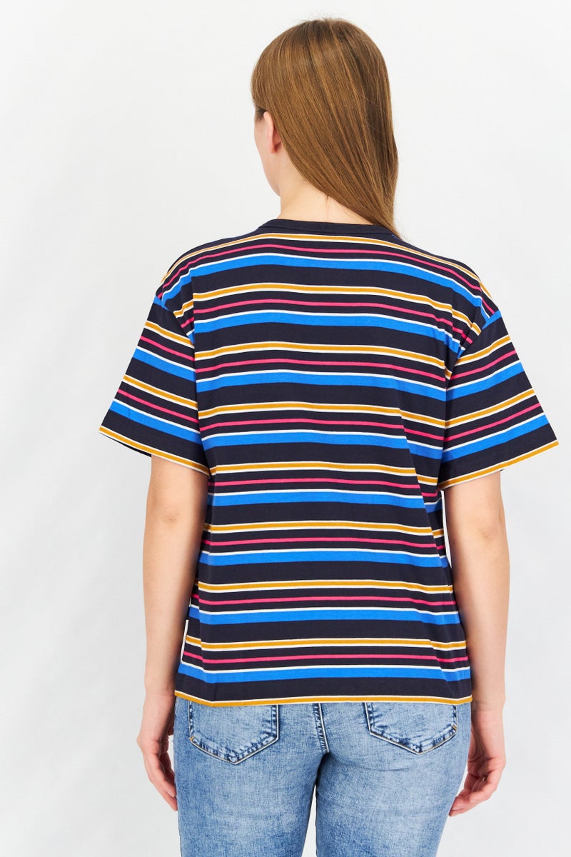 Aigle Women Crew Neck Short Sleeve Stripe T-Shirt, Navy Blue Combo - Image 2